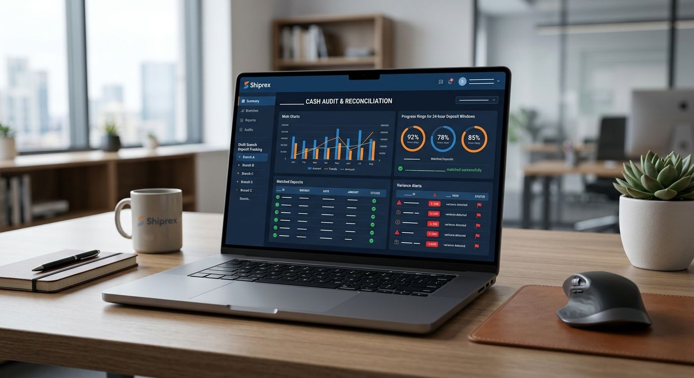 A professional SaaS dashboard showcase displaying a multi-branch cash reconciliation and bank deposit audit interface on a laptop.