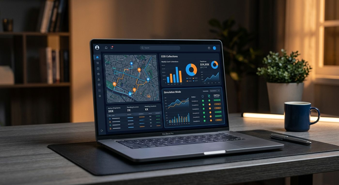 عرض توضيحي واحترافي للوحة معلومات نظام ERP للشحن في السعودية، يظهر ميزات الفواتير الإلكترونية المتوافقة مع هيئة الزكاة والضريبة والجمارك، وتتبع الشحنات، وأدوات المحاكاة المالية.