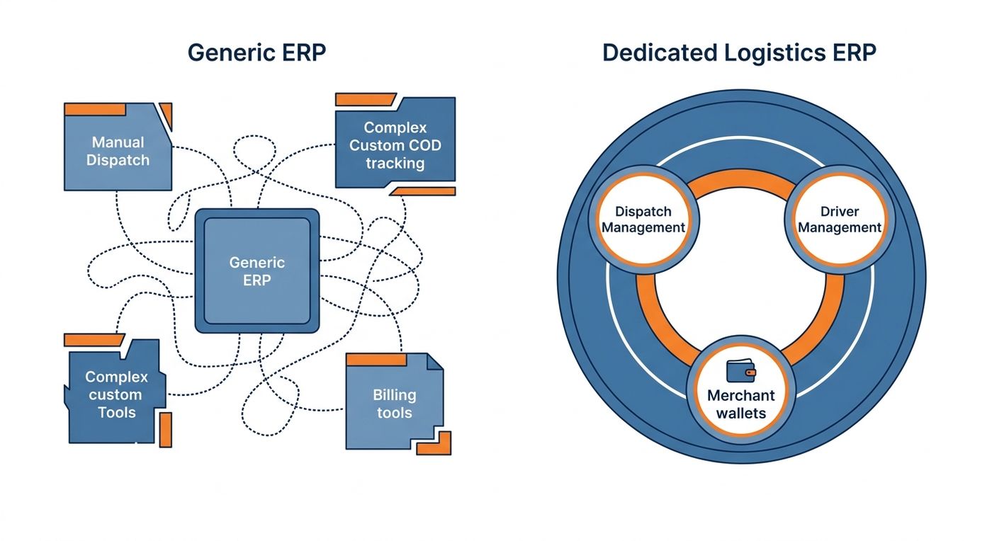 Technical diagram comparing a fragmented generic ERP with a unified, native logistics ERP for 3PL operations.