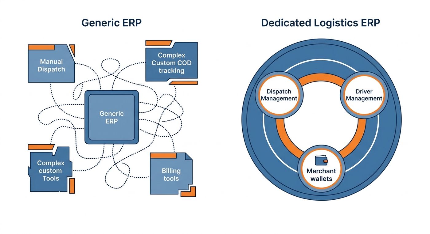 Technical diagram comparing a fragmented generic ERP with a unified, native logistics ERP for 3PL operations.