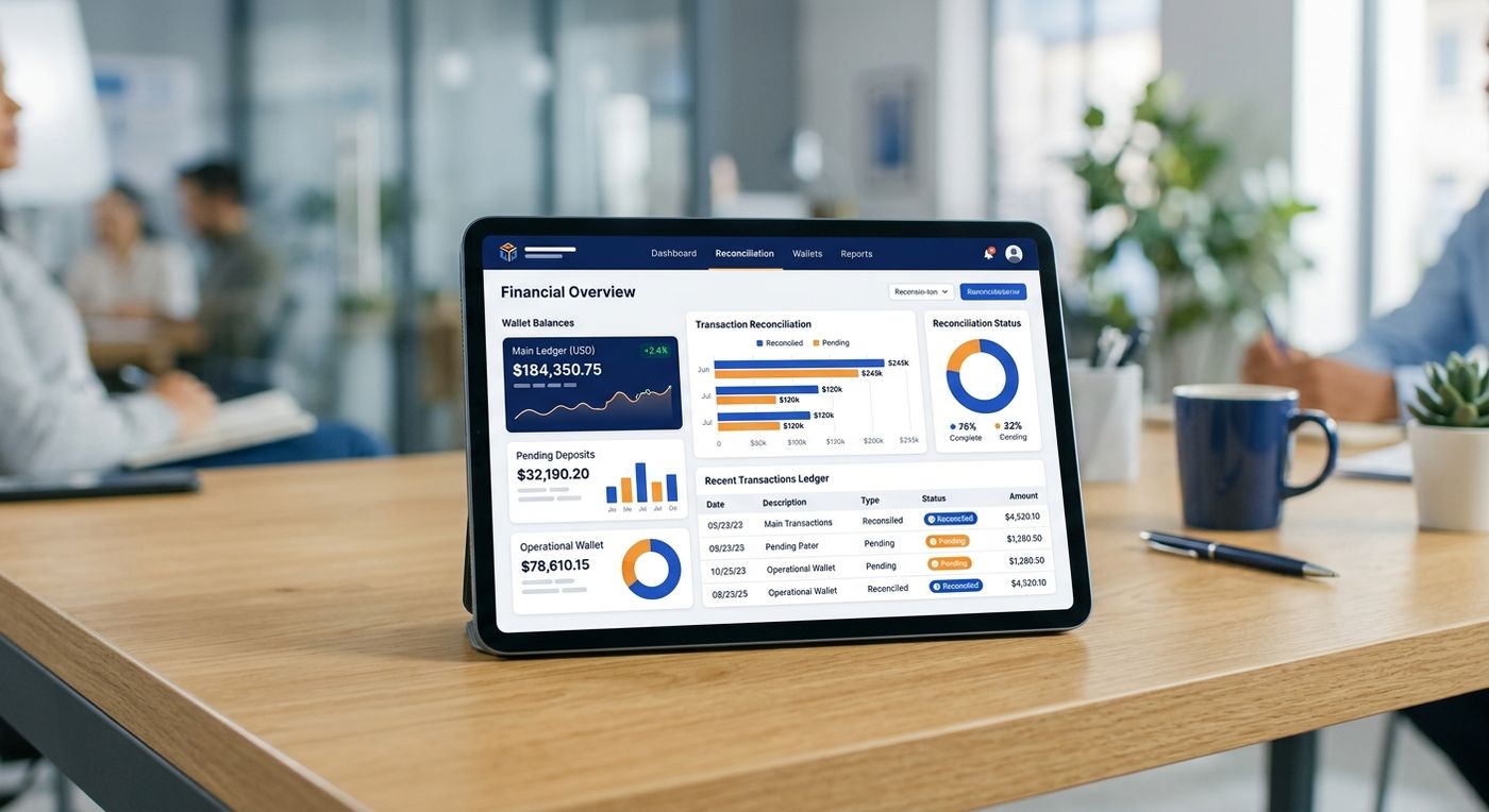 عرض توضيحي واجهة برنامج شبريكس لإدارة الشؤون المالية للخدمات اللوجستية، يظهر لوحة تحكم تسوية الدفع عند الاستلام ومتابعة محفظة التاجر على جهاز لوحي.