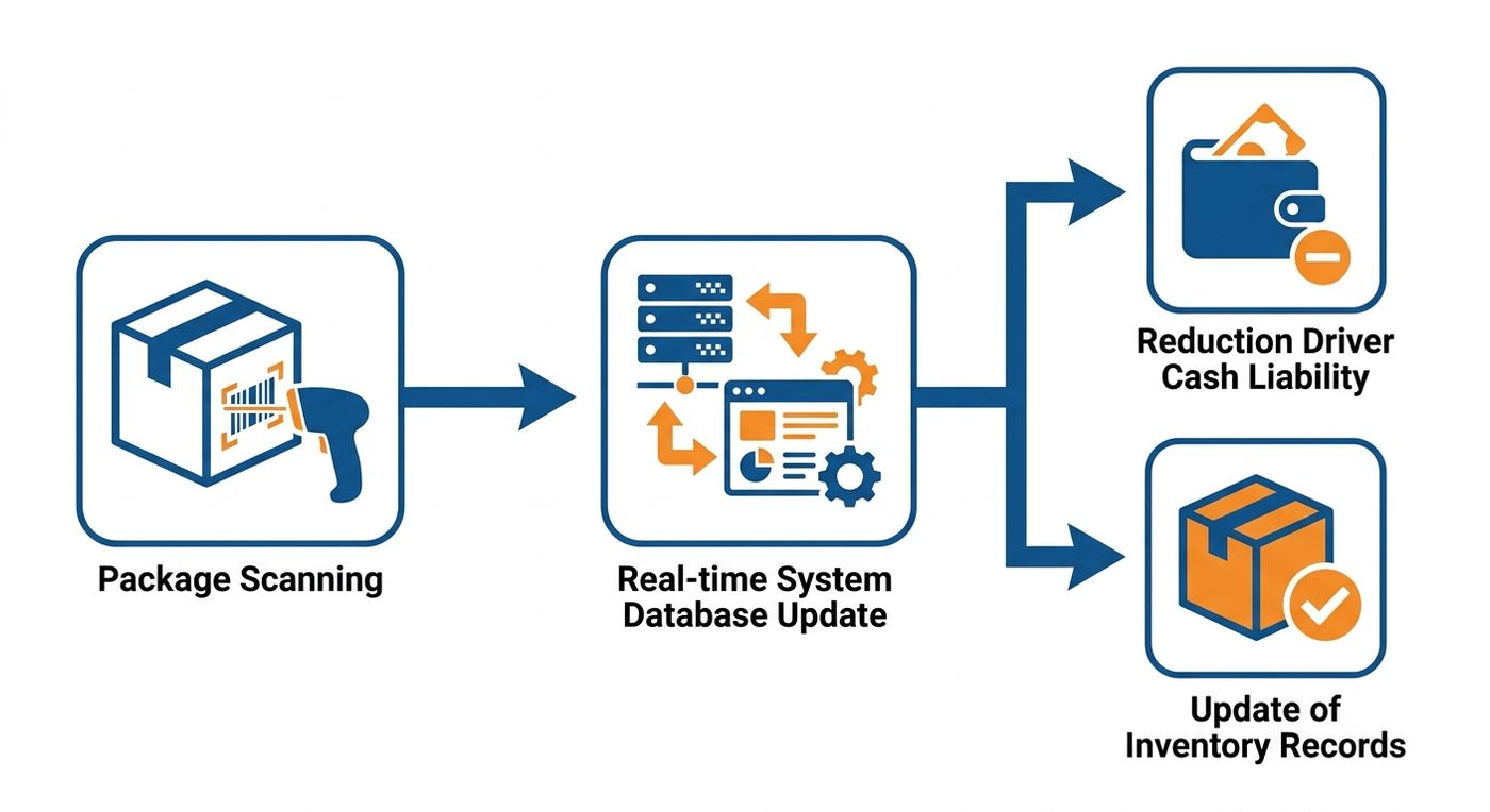 Technical diagram showing the automated workflow for processing returned-to-origin shipments and updating driver cash liability.