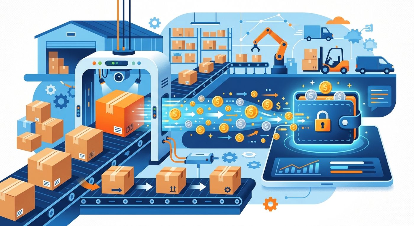 A conceptual illustration of automated cash-on-delivery reconciliation and instant merchant wallet updates for returned shipments.
