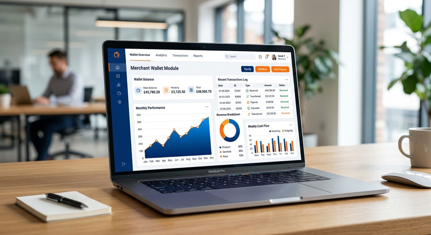 SaaS dashboard mockup of Shiprex real-time merchant wallet and automated COD reconciliation panel on a laptop screen.
