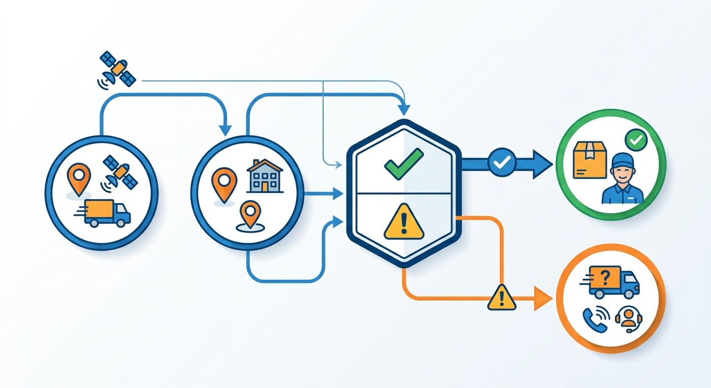 Technical diagram illustrating how Shiprex ERP cross-references driver GPS coordinates with customer delivery addresses to verify delivery attempts.