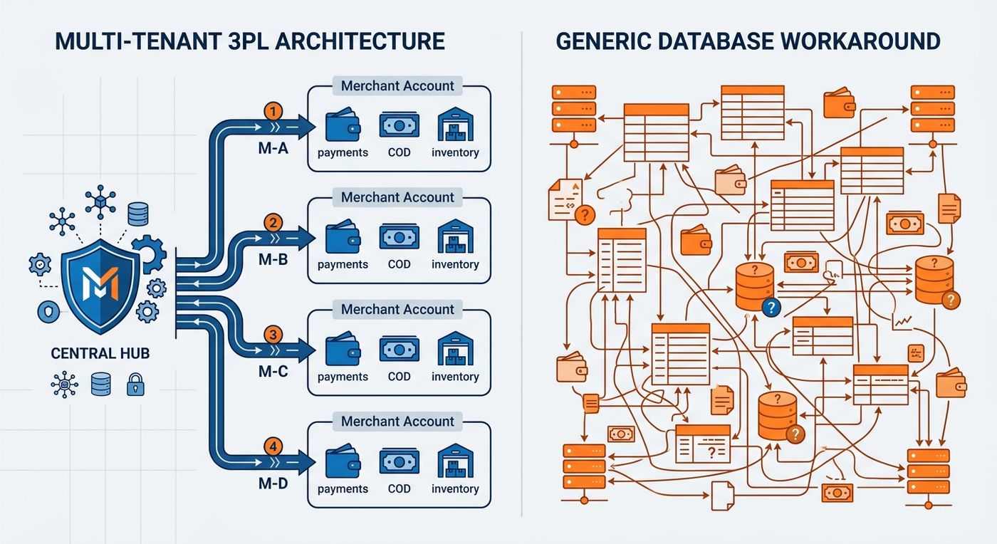 A technical diagram illustrating the secure multi-tenant architecture of a dedicated shipping ERP versus the complex, risky database workarounds of a generic ERP.