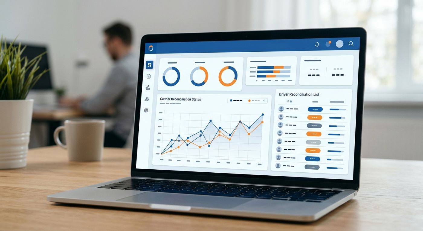 Shiprex SaaS dashboard mockup on a laptop displaying automated COD reconciliation and driver cash matching data for logistics companies.