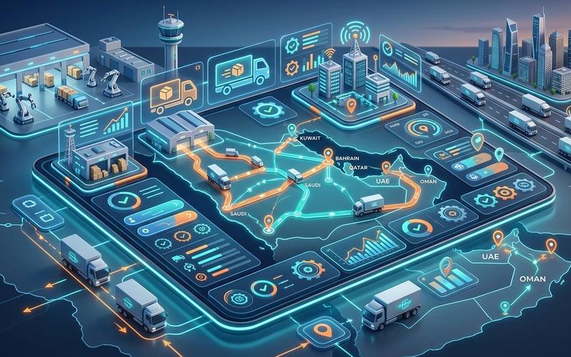 لوحة تحكم ذكية توضح مسارات التوصيل المؤتمتة وإدارة شحنات المواسم