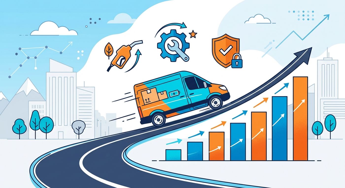 رسوم توضيحية تمثل توفير تكاليف الأسطول، وتقليل استهلاك الوقود، وخفض تكاليف الصيانة من خلال التخطيط الذكي للمسارات.