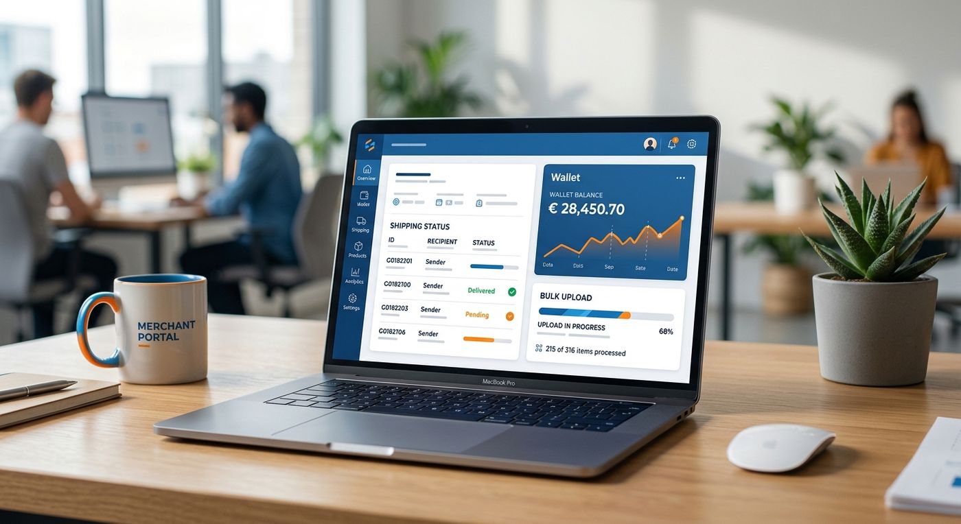 لوحة تحكم بوابة التجار من شبركس على شاشة كمبيوتر محمول تعرض عمليات رفع الطلبات الجماعية وإدارة المحفظة الرقمية لعملاء الخدمات اللوجستية الطرف الثالث.