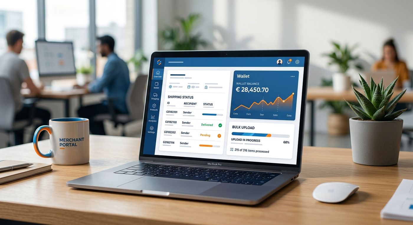 Shiprex merchant portal dashboard on a laptop showcasing bulk order uploads and digital wallet management for 3PL clients.