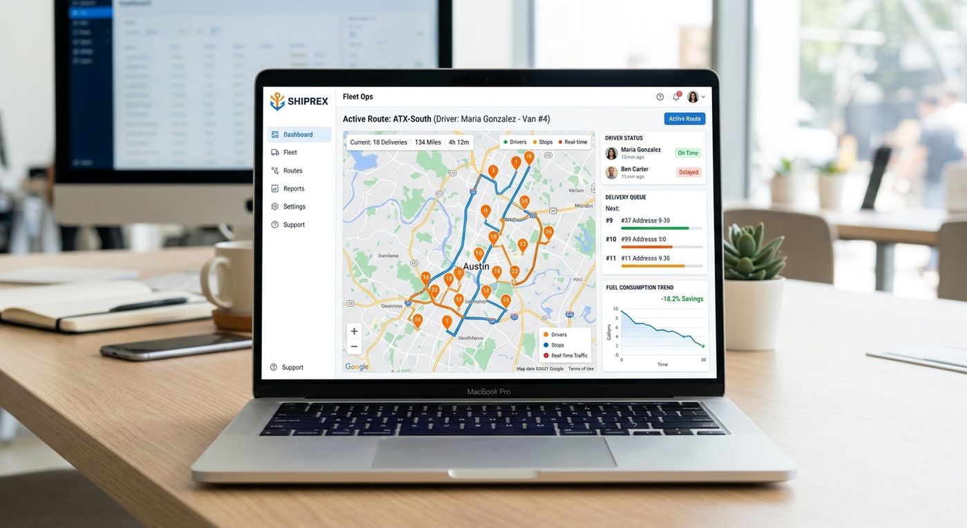 A product showcase of the Shiprex dashboard on a laptop, displaying optimized delivery routes on a digital map and driver management features.