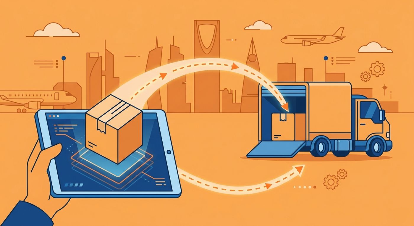 A flat vector illustration representing automated order fulfillment and seamless shipping integration for e-commerce platforms in Saudi Arabia.