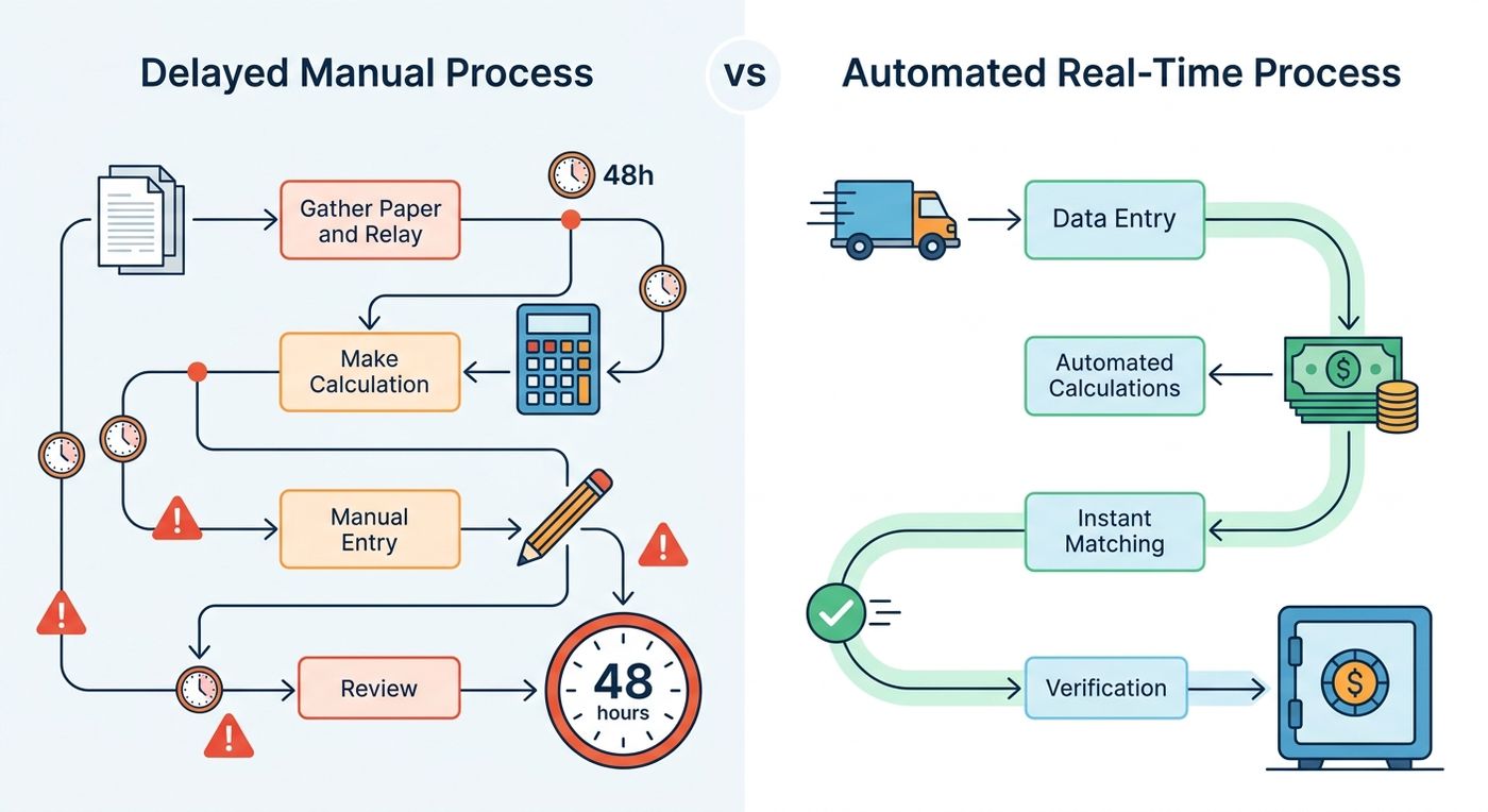 A technical flowchart comparing delayed manual cash reconciliation with Shiprex's real-time automated driver settlement process.