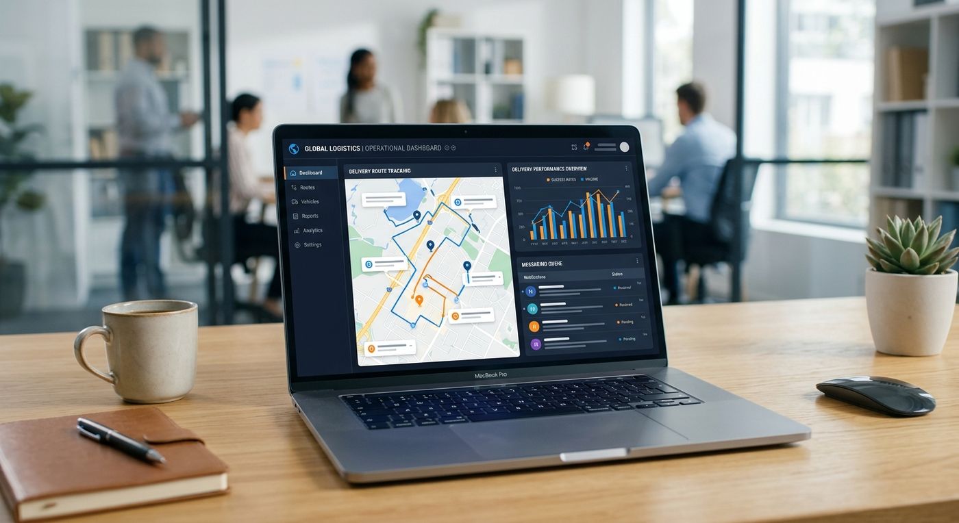 A product showcase of Shiprex's last mile delivery software UAE dashboard, displaying route optimization maps and fleet management system Riyadh metrics on a laptop screen.