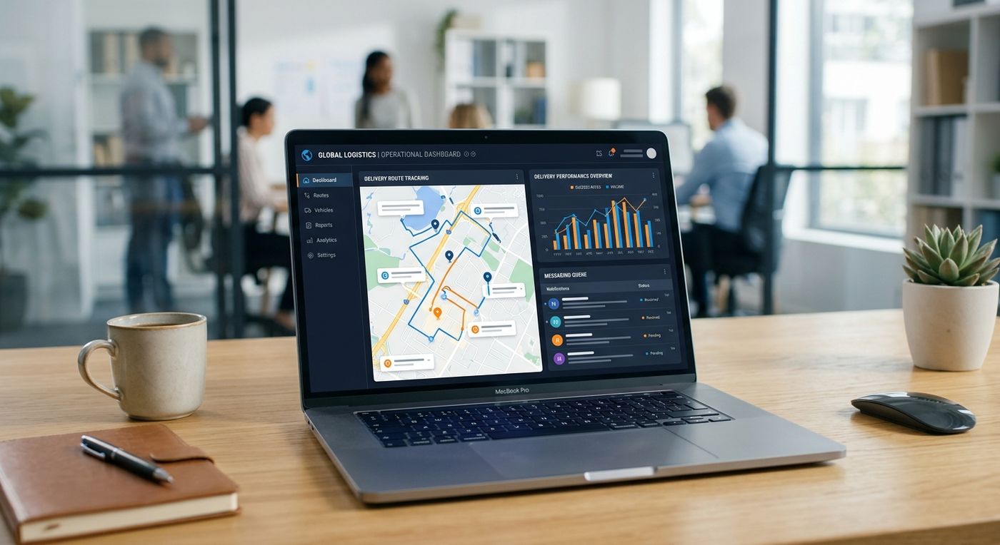 A product showcase of Shiprex's last mile delivery software UAE dashboard, displaying route optimization maps and fleet management system Riyadh metrics on a laptop screen.