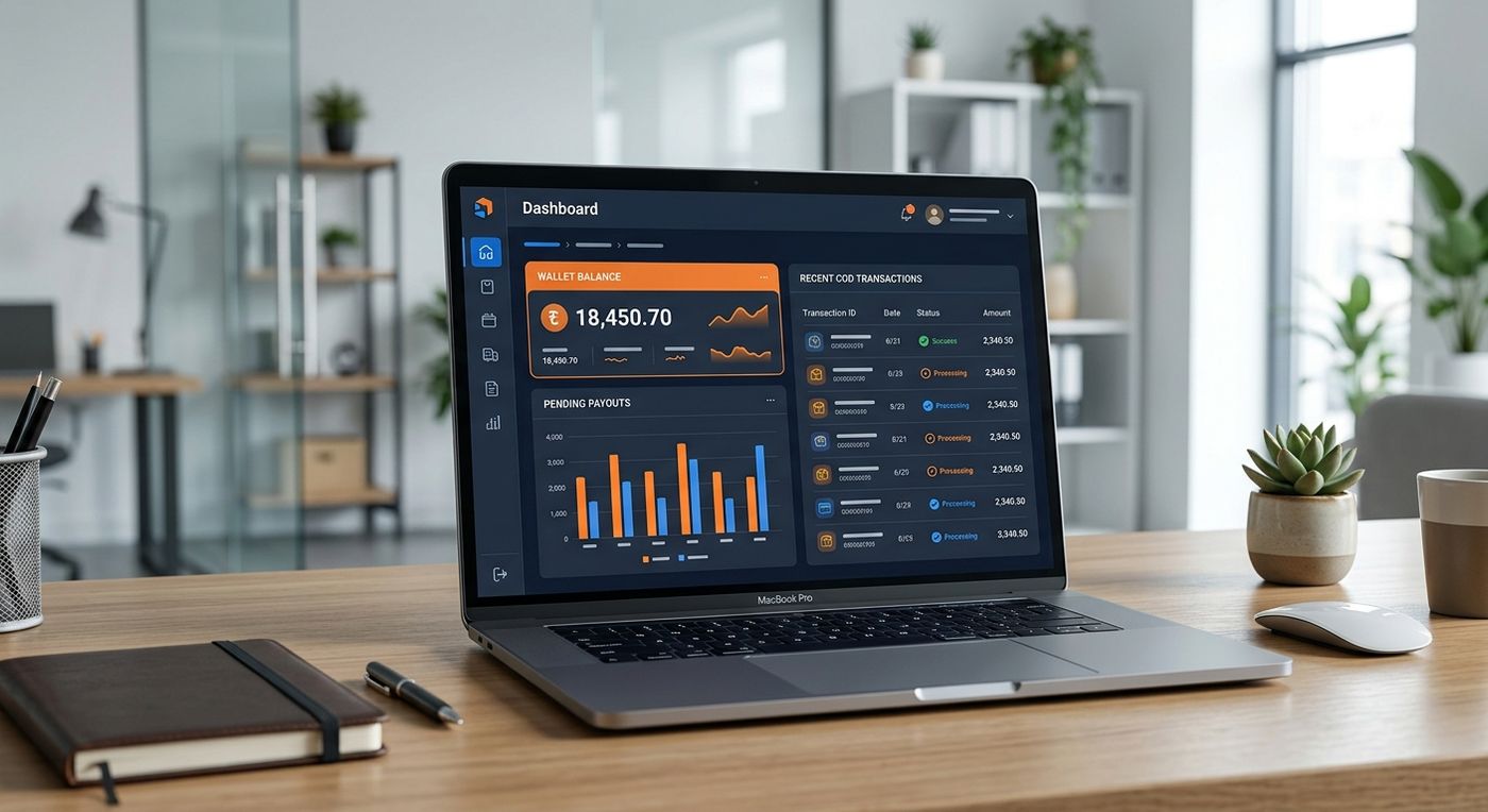 لوحة تحكم بوابة التجار من شبركس على جهاز لابتوب، تعرض أرصدة المحفظة الفورية، المدفوعات المعلقة، وتسويات الدفع عند الاستلام.