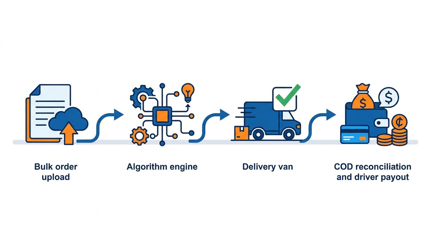 A technical diagram illustrating the Shiprex automated logistics workflow from bulk order upload to COD reconciliation and driver payout.