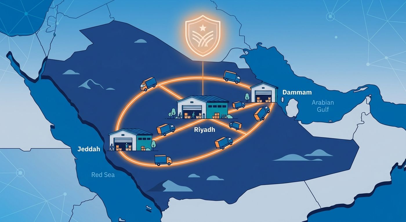 Flat vector illustration of a secure, interconnected 3PL logistics network across Saudi Arabia hubs with delivery trucks.