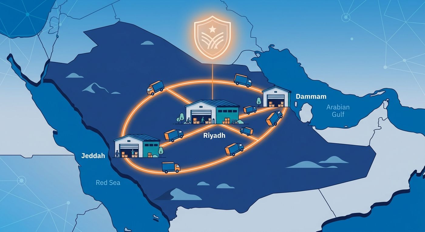 Flat vector illustration of a secure, interconnected 3PL logistics network across Saudi Arabia hubs with delivery trucks.