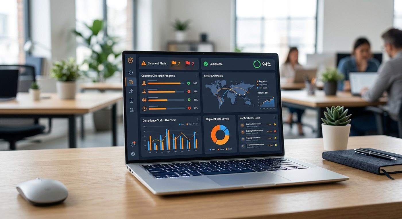 نموذج تجريبي للوحة تحكم نظام Shiprex ERP على شاشة كمبيوتر محمول يوضح تتبع حالة التخليص الجمركي التلقائي عبر منصة نافذة.