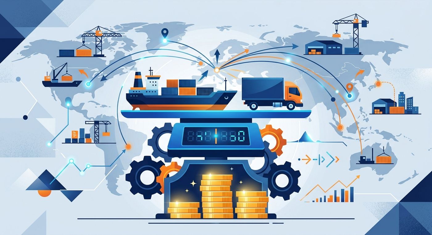 A flat editorial illustration representing automated logistics billing, multi-carrier rates, and financial integration.