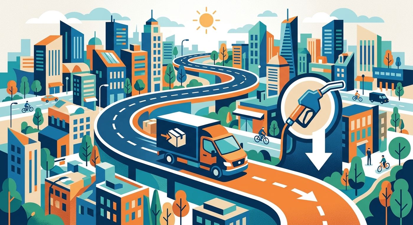 An editorial illustration of a delivery truck navigating a clean urban route next to a fuel pump with a downward trend line, representing logistics fuel savings.