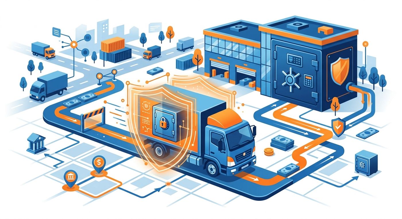 A flat vector illustration representing a secure, zero-leakage cash management system for last-mile delivery and shipping companies.