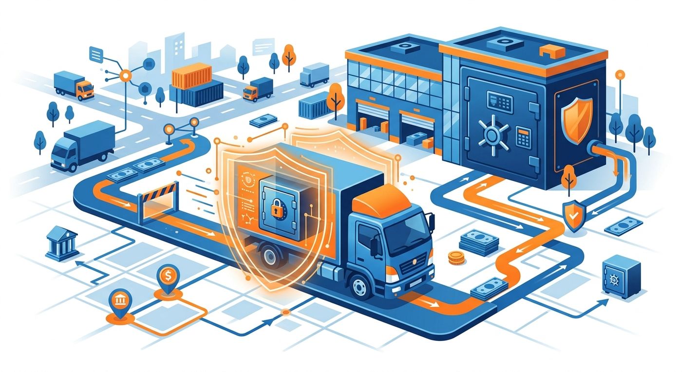 A flat vector illustration representing a secure, zero-leakage cash management system for last-mile delivery and shipping companies.