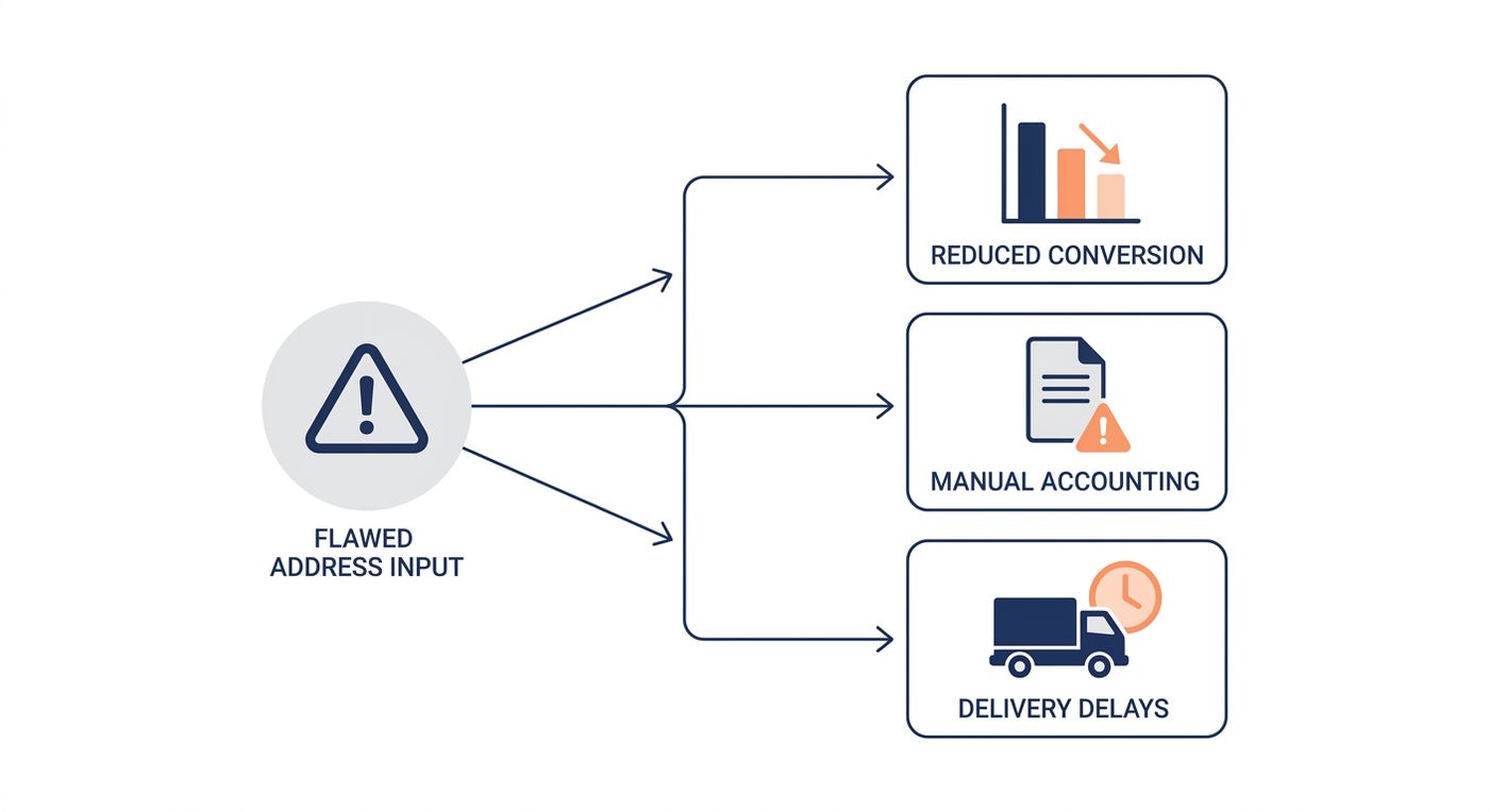 A clean technical flowchart diagram showing a single problematic input branching into three negative downstream consequences: pricing loss, payout errors, and transit delays, styled in blue and orange.