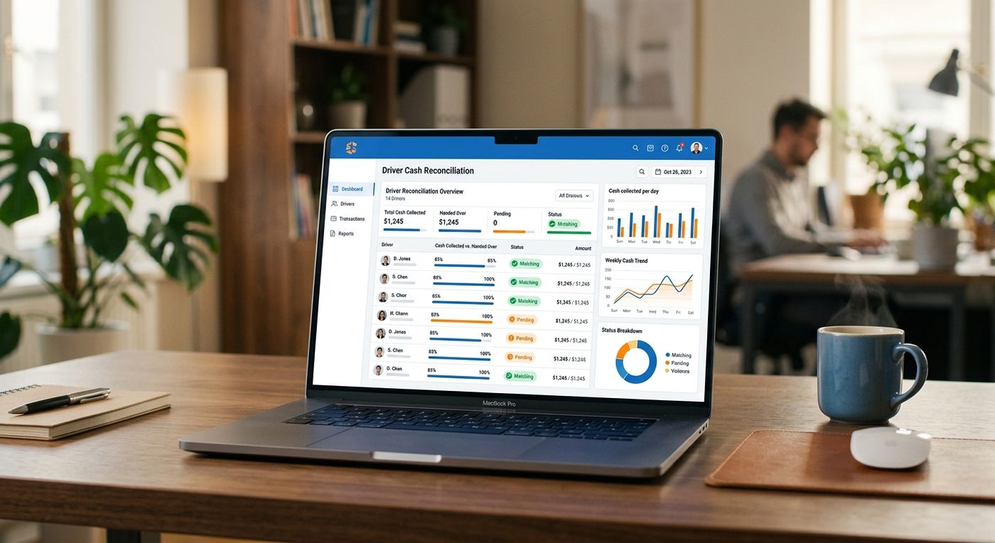 A sleek laptop displaying the Shiprex courier cash reconciliation dashboard with visual matching indicators and financial charts.