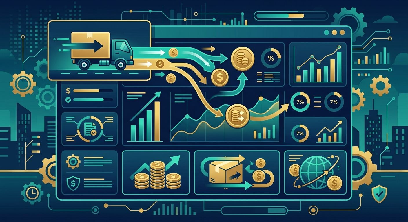 لوحة تحكم مؤتمتة لتسوية الدفع عند الاستلام توضح التدفقات النقدية ومؤشرات التوصيل