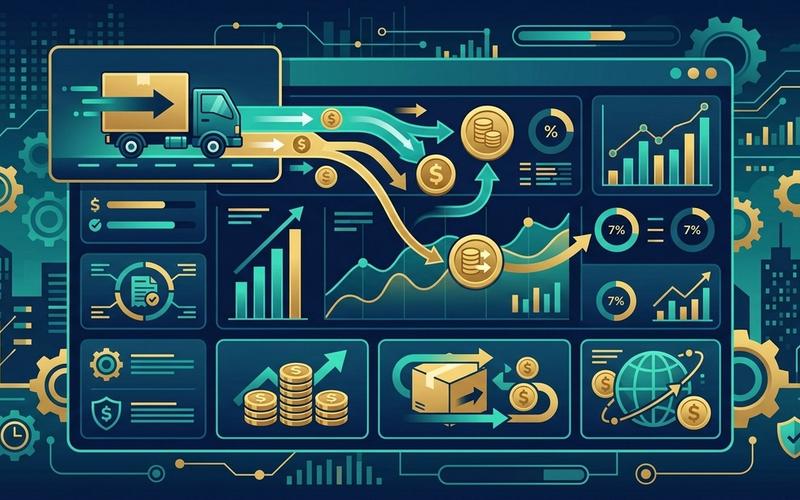 لوحة تحكم مؤتمتة لتسوية الدفع عند الاستلام توضح التدفقات النقدية ومؤشرات التوصيل