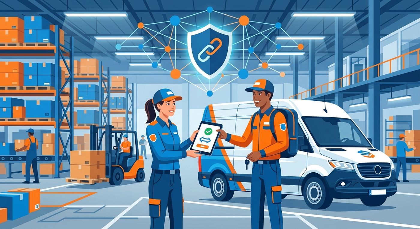 Flat vector illustration of two delivery drivers executing a digital vehicle custody handover with a tablet.
