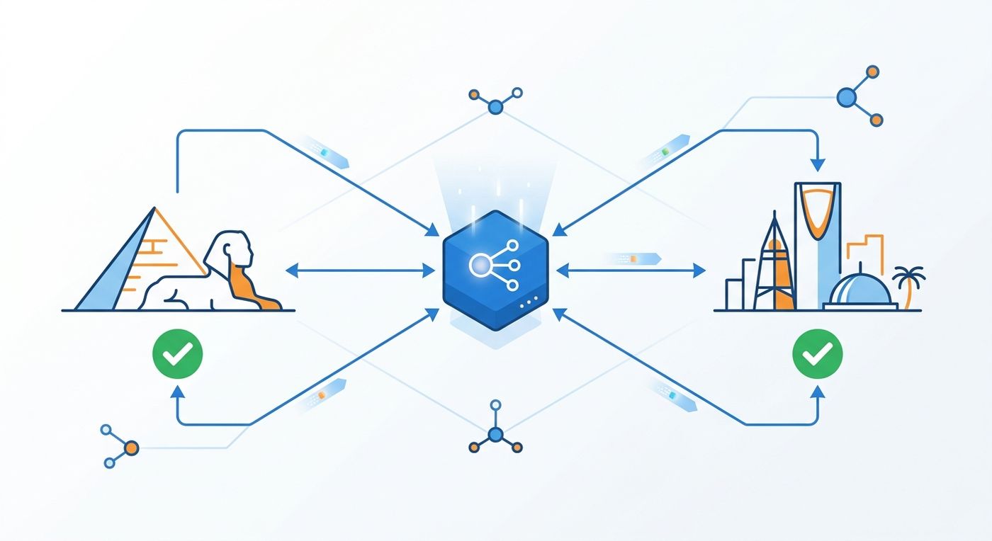 A technical diagram illustrating how Shiprex automates regional regulatory compliance like ZATCA and Nafeza for Middle Eastern logistics companies.