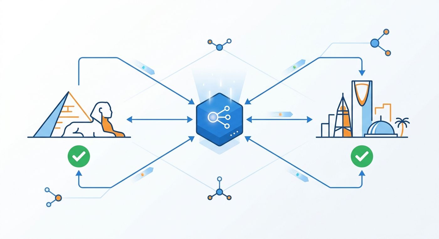 A technical diagram illustrating how Shiprex automates regional regulatory compliance like ZATCA and Nafeza for Middle Eastern logistics companies.