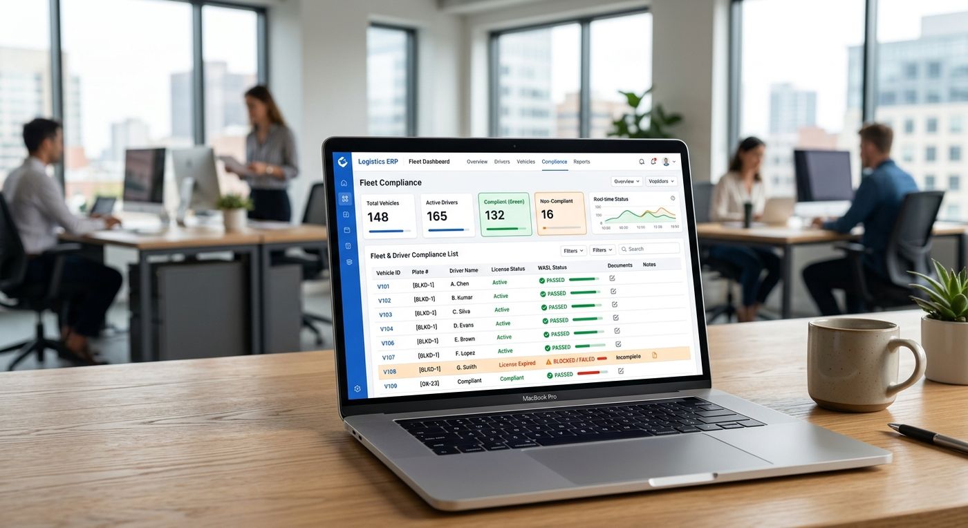 A modern SaaS dashboard mockup on a laptop screen showing a fleet compliance management interface with verified and flagged drivers and vehicles.