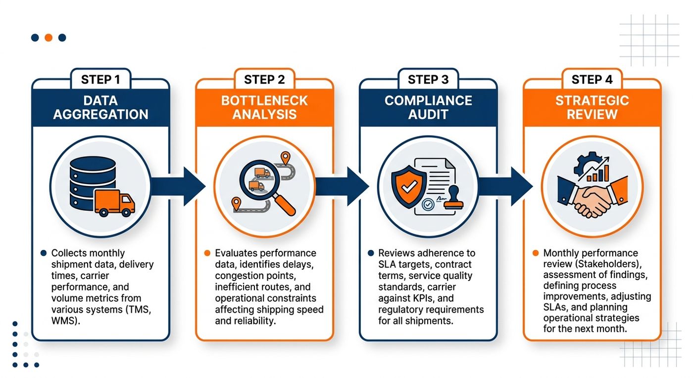 Technical flowchart diagram outlining the four steps of a monthly logistics SLA review process.