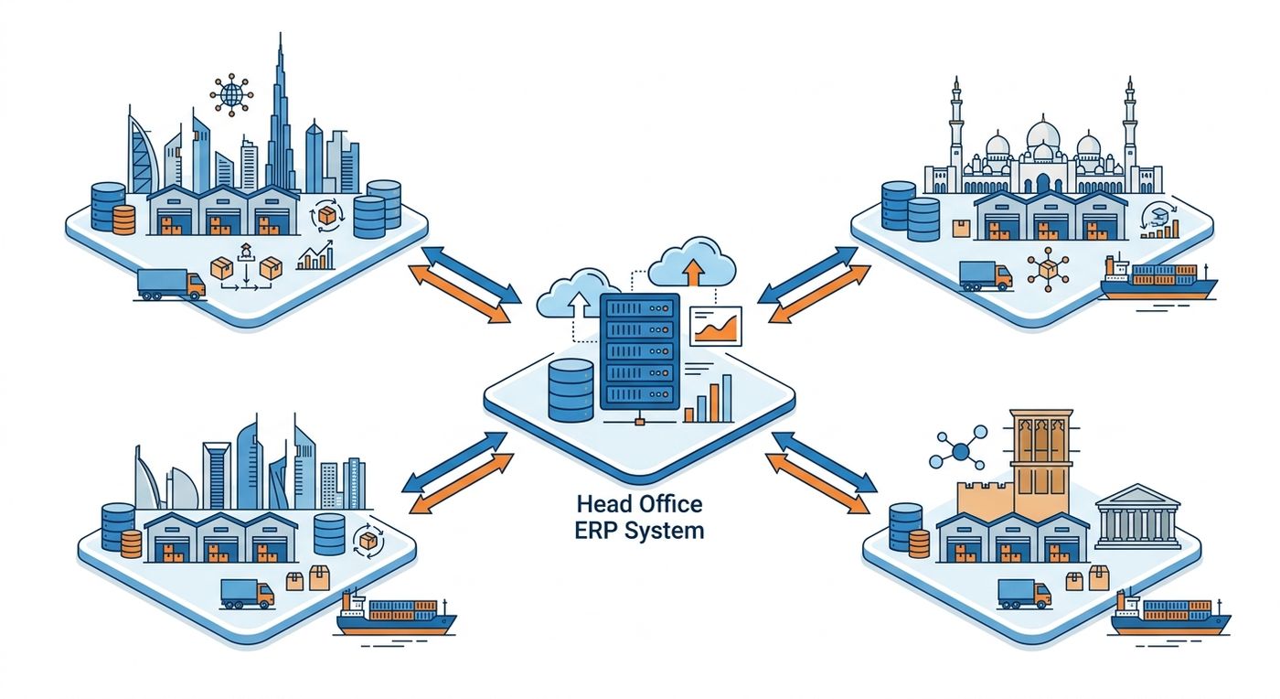 Technical diagram of a multi-branch ERP architecture showing central control connected to regional shipping hubs.