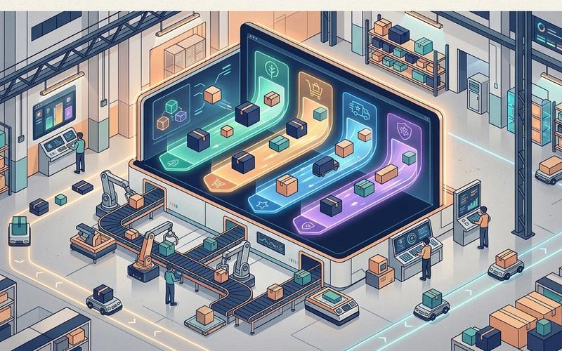 Futuristic 3PL warehouse illustrating automated reverse logistics and multi-tenant sorting system