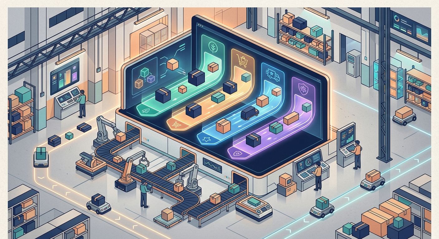 Futuristic 3PL warehouse illustrating automated reverse logistics and multi-tenant sorting system