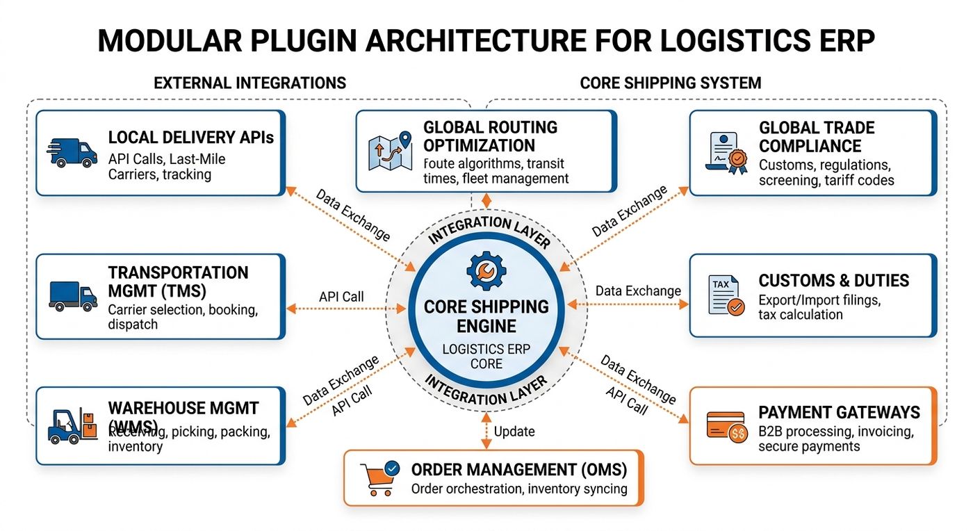 Technical diagram illustrating Shiprex's modular plugin architecture connecting a core shipping engine to external integrations.