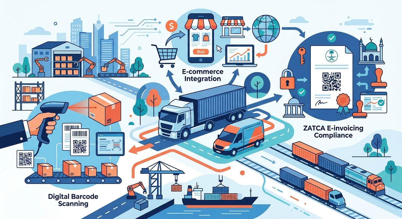 Flat vector illustration of integrated Saudi logistics, showcasing e-commerce integration, ZATCA compliance, and last-mile delivery.