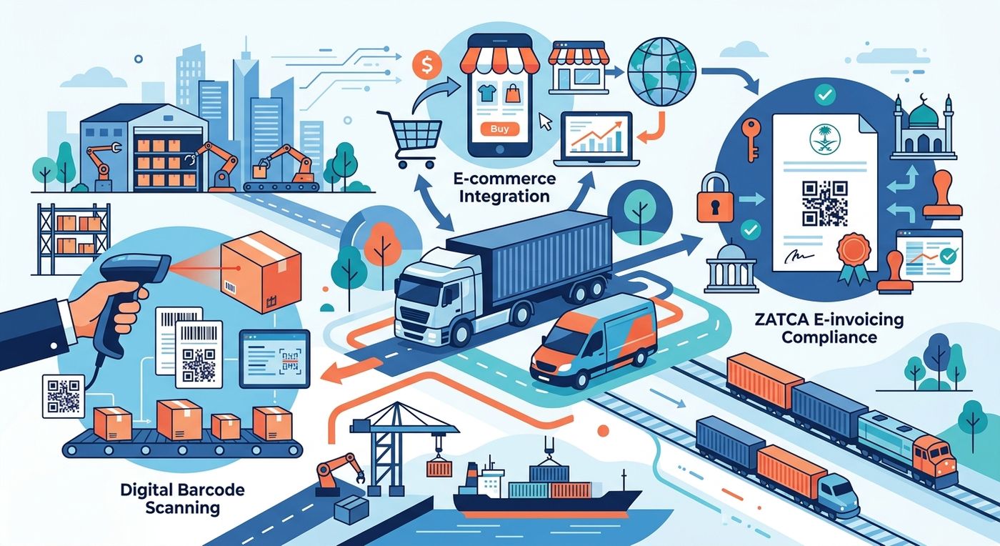 Flat vector illustration of integrated Saudi logistics, showcasing e-commerce integration, ZATCA compliance, and last-mile delivery.
