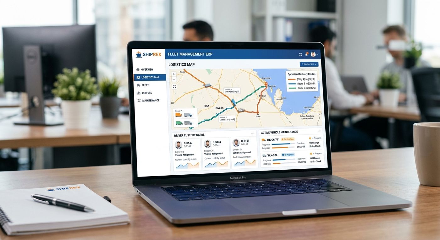 لوحة تحكم نظام شيبريكس لإدارة أساطيل الشحن وتتبع عهدة المركبات وتحسين مسارات التوصيل.