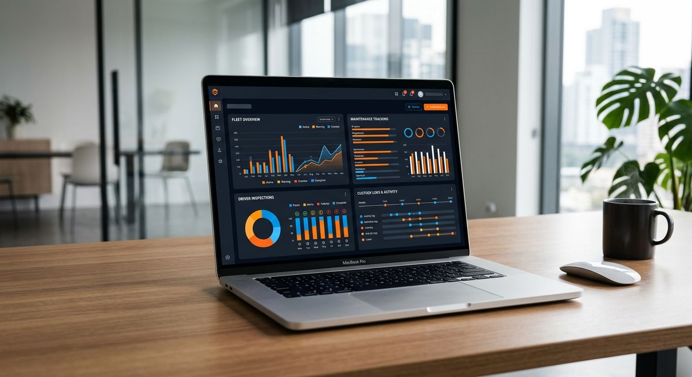 نموذج لواجهة مستخدم لوحة تحكم سحابية حديثة تعرض تتبع عهدة السائقين، وتقارير فحص المركبات، ومؤشرات صيانة الأسطول.