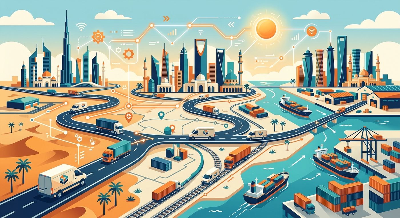 Flat vector illustration of efficient logistics and delivery operations scaling smoothly across regional cities with integrated compliance.