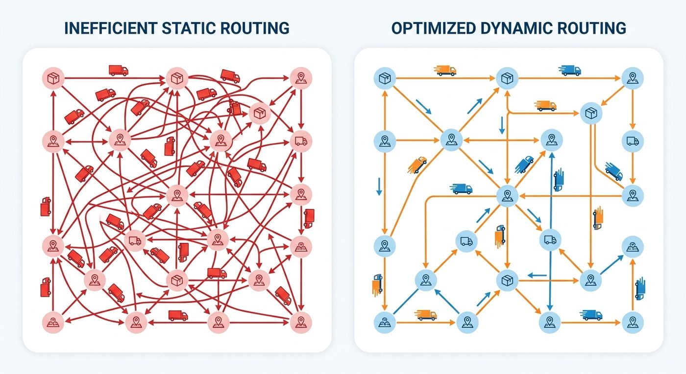 Technical diagram comparing inefficient static routing with overlapping paths to optimized dynamic routing with streamlined paths for logistics fleets.