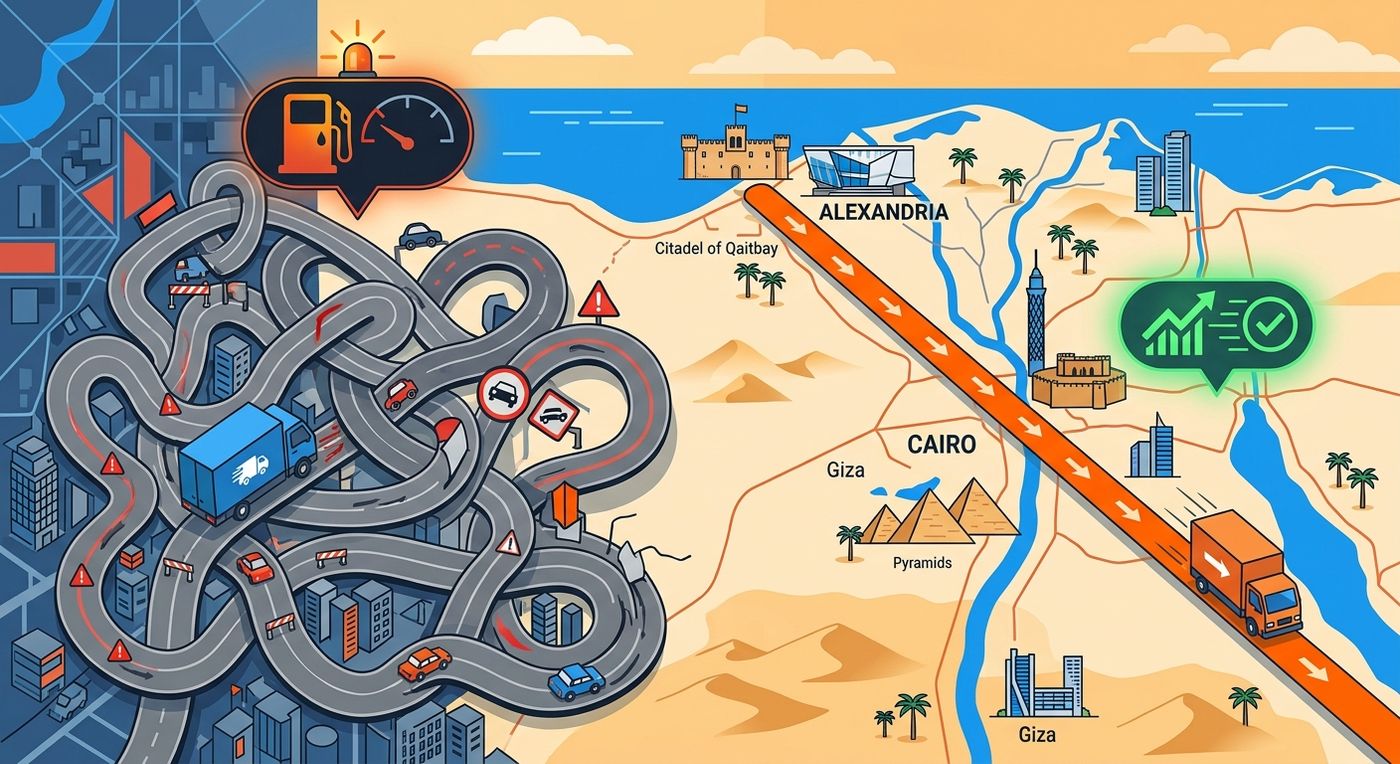 An editorial illustration comparing inefficient manual routing with optimized fuel-efficient delivery paths for logistics fleets.
