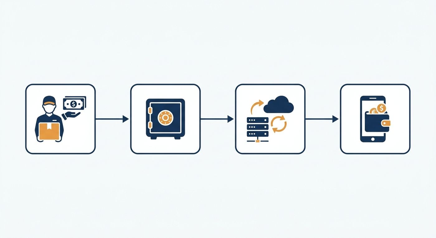 Flowchart diagram showing the automated step-by-step COD reconciliation workflow from delivery to merchant wallet update in Shiprex.